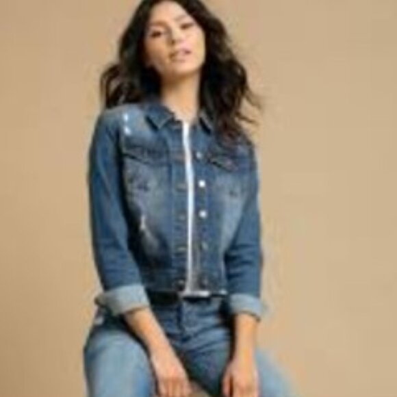Distressed denim Jean Jacket women in med Wash Blue size medium WAX JEAN - Picture 13 of 16